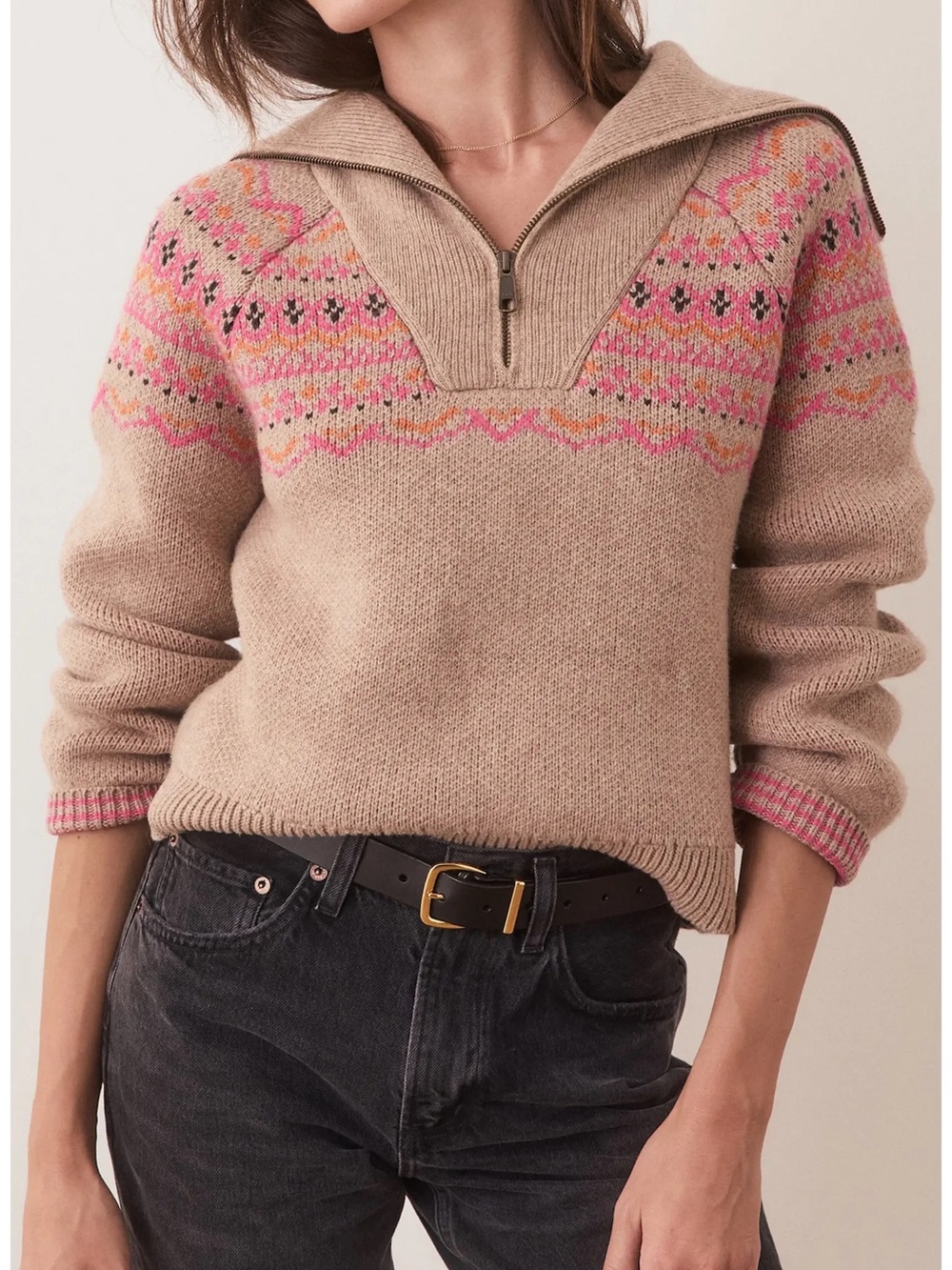Marine Layer Archive Whitney Fair Isle Quarter Zip Sweater, Camel/Pink, size XS